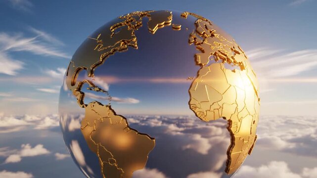 Golden globe floats peacefully above a soft layer of white clouds under a clear blue sky.