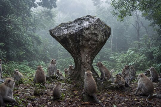 A troop of monkeys around a rock formation in a jungle clearing.