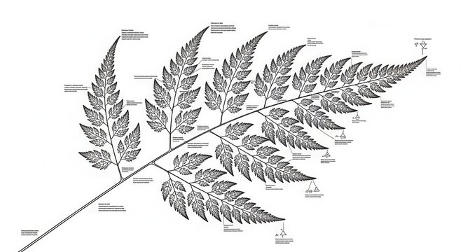 Detailed botanical illustration of a fern leaf, labeled plant anatomy, educational diagram, black and white