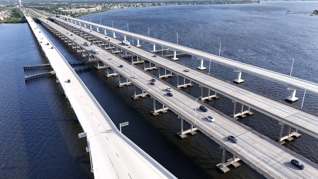 I-75 Manatee River Bridges going north and south across the Manatee River, linking Bradenton and Ellenton, Florida
