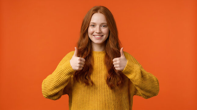Smiling Redhead Teenage Girl Showing Double Thumbs Up on Orange Background, Approval, Success and Positive Feedback Concept