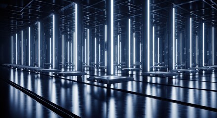 Fototapeta premium Futuristic laboratory, neon lit interior, sci-fi background, blue glowing tubes