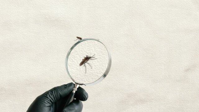 Macro View of Mosquito Observed Through Magnifying Glass Held by Gloved Hand for Scientific Entomology Research, Disease Prevention, and Professional Pest Control Inspection and Identification for Lab