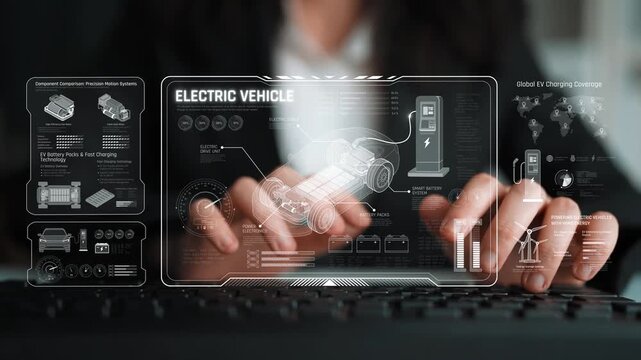 Technical layout of electric vehicle showing battery system, power control, traction motor, charging interface, and integration with renewable and smart energy sources Marrow