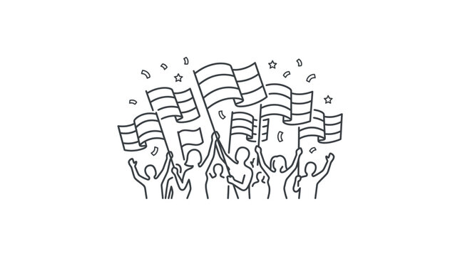 People Cheering with Flags Line Art Illustration