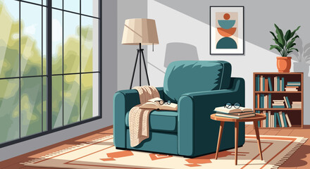 Fototapeta premium Modern living room interior with blue armchair and bookshelf
