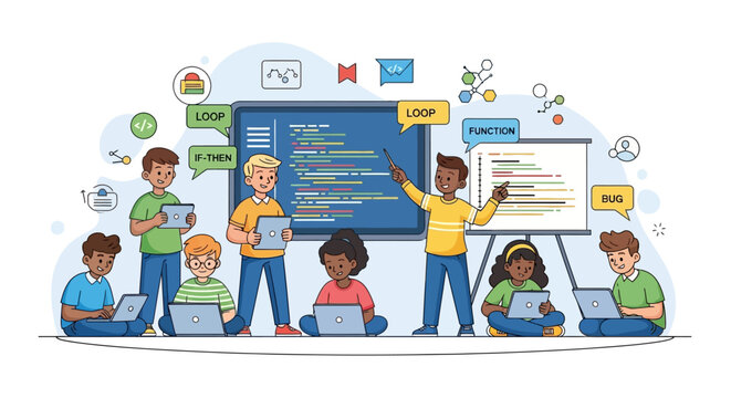 Diverse children learning computer programming and coding in classroom