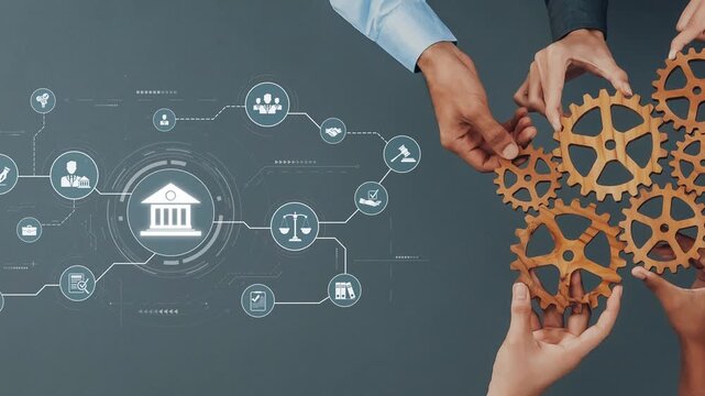 This image showcases hands holding gears while interacting with digital icons symbolizing legal and financial institutions, emphasizing collaboration and innovation. Raster