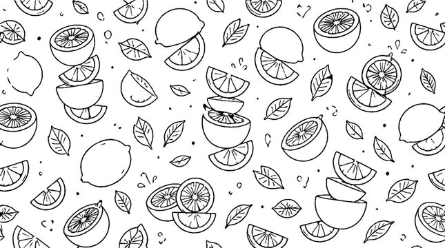 Hand drawn citrus fruits and leaves pattern design.