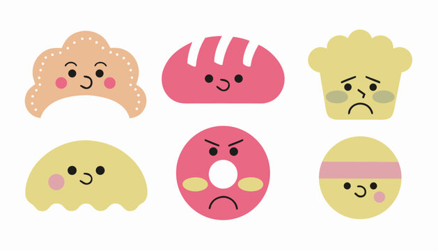Set of cute and emotional bread and pastry characters with different expressions
