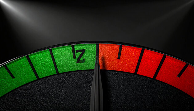 Speedometer Showing Limit: A close-up view of a dark speedometer gauge with a needle pointing to the red zone, indicating an approaching limit or danger.