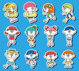 Fototapeta premium 水着のこどものイラストセット（フチあり）（ベクター）