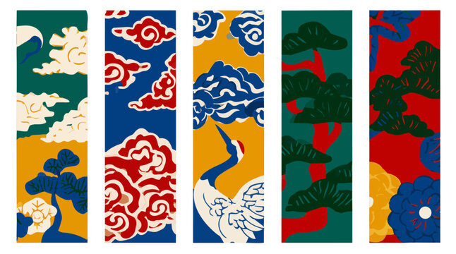 Traditional Asian art style vertical banner vector illustration set featuring crane, pine tree, and auspicious clouds