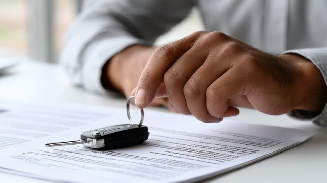 Car key placed on signed documents during vehicle transaction. Auto purchase agreement, registration process, dealership paperwork and mobility concept