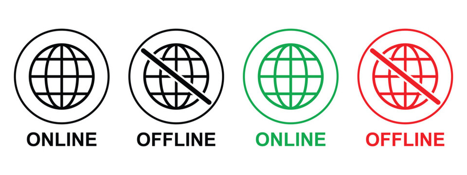 Online and Offline Internet Connection Icon Set, Red Green Network Status Symbols, Connect and Disconnect Digital Interface Indicators Vector Illustration Collection EPS 10