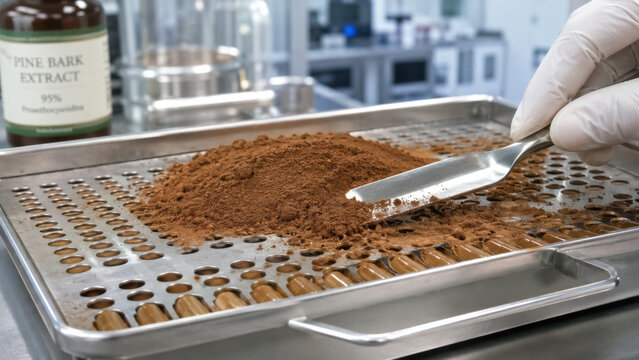 Pharmaceutical capsule filling tray with pine bark extract powder being leveled by gloved hand spatula in laboratory setting