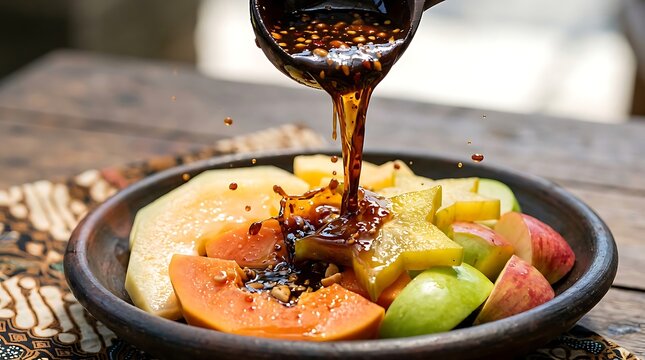 Action Drizzle of Dark Sticky Palm Sugar Rujak Sauce Over Fresh Colorful Tropical Fruits, Premium Luxury Swicy Glaze Liquid Motion Commercial Food Photography Asset