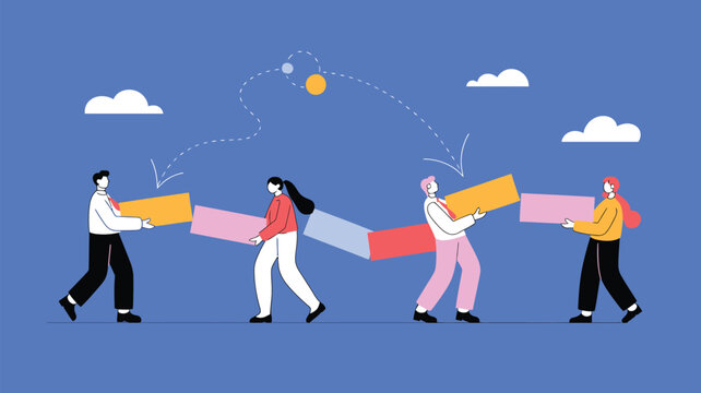 Colleagues pass boxes along a chain to demonstrate efficient teamwork and collaborative business workflows in a digital workspace.