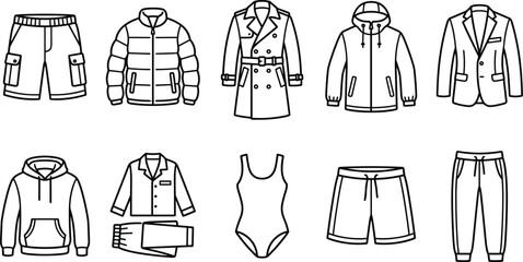 Detailed clothing silhouettes with winter parka classic trench coat hooded sweatshirt and utility trousers. © Emongrapic
