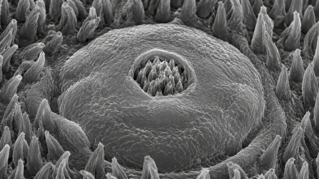 Scanning electron microscope view of taste bud pore opening on circumvallate papilla surface with receptor cell tip visible inside surrounded by filiform papilla forest