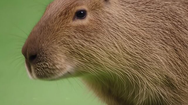 Close up side view of capybara standing in green grassy wetland environment