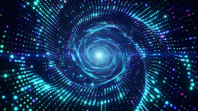Vibrant blue neon spiral tunnel with radiant glow, futuristic abstract background, glowing neon lines and dots, cyberpunk atmosphere, high-tech digital illustration, seamless tileable texture