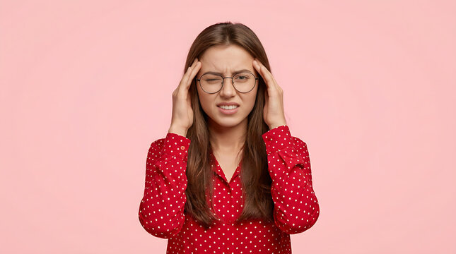 Stressed Young Woman Holding Head with Headache on Pink Background, Mental Pressure, Anxiety and Emotional Stress Concept