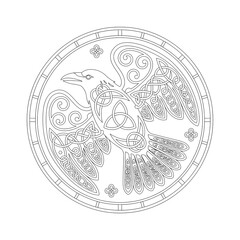 Obraz premium Celtic Art Raven Design in Mandala Style: Intricate Black and White Line Art with Sacred Geometry in Tribal Ornamental Pattern