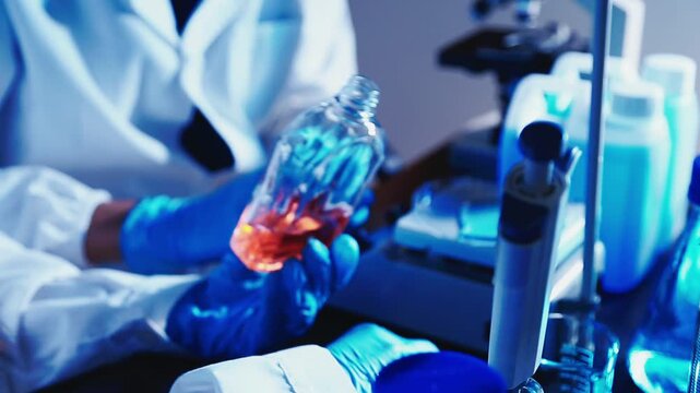 Female researcher's hands mixing solution through pipette at chemistry lab