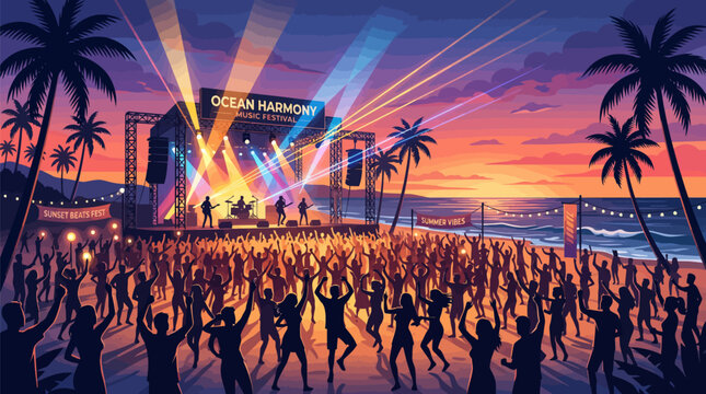 Beach music festival crowd dancing at sunset with palm trees