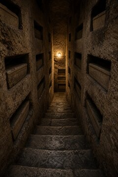 Narrow stone staircase descending into dimness, burial niches lining walls.