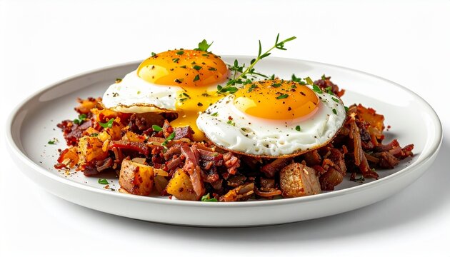 hearty corned beef potato hash topped with sunny side eggs