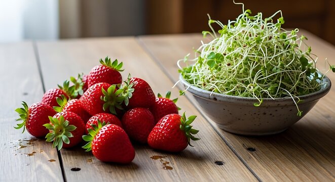 Fresh red strawberries and healthy green sprouts rest together on a rustic wooden table surface prepared for a nutritious meal in a natural kitchen setting during the morning hours