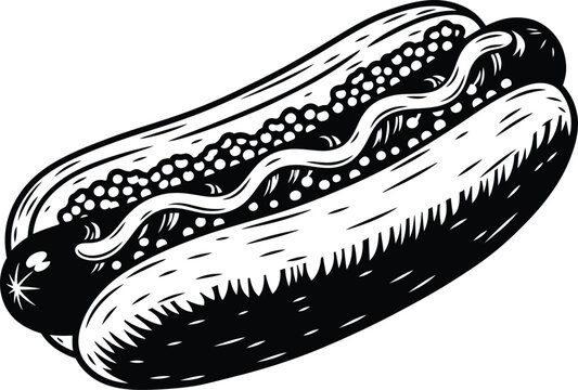 Vintage style black and white illustration of a classic american hot dog with mustard and relish