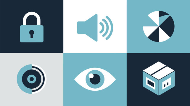 Digital security icons including a padlock and eye are displayed in a segmented grid to represent modern data protection and technology monitoring.