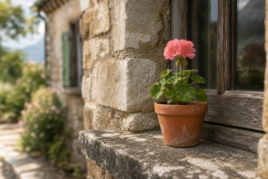 A single flowering plant in a clay pot on a weathered stone windowsill, soft afternoon light.