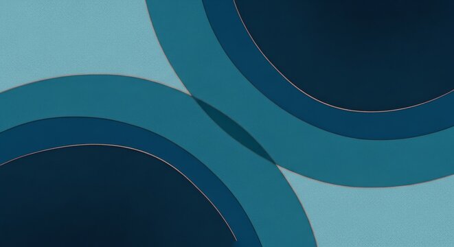 An elegant abstract work featuring sweeping circular shapes in monochromatic blue and teal with a faint metallic copper sheen