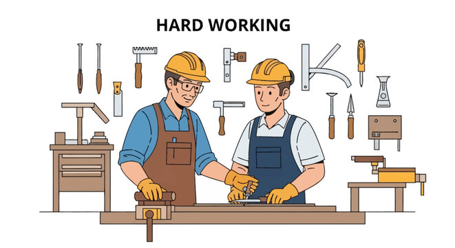 Professional carpenter mentoring apprentice in a workshop with woodworking tools. Two men in hard hats and aprons working at a wooden bench. Flat line art vector illustration.