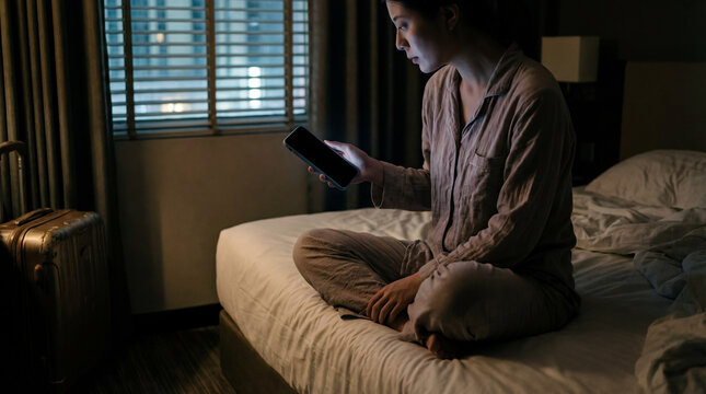 Woman smartphone glowing in dark hotel room while sitting on bed near suitcase showing late night travel message isolation jet lag concern hotel loneliness abroad digital worry solo trip