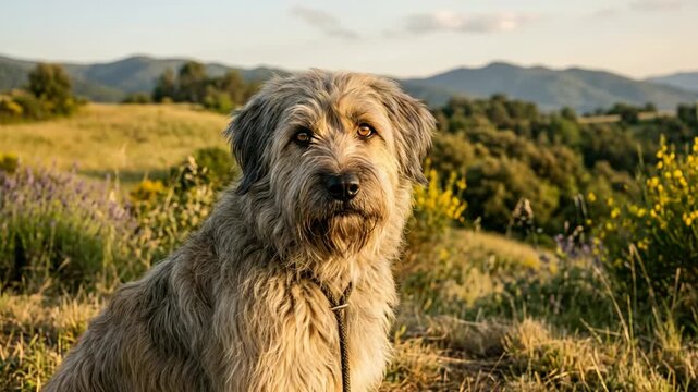 catalan sheepdog close up at golden light in pyrenees mountains spain