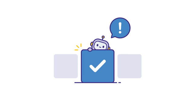 Ai assistant robot peeking over task completion checkmark in minimalist flat vector for customer support automation