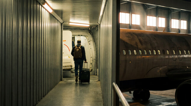 Passenger with backpack pulling suitcase through jet bridge toward airplane door showing boarding process departure routine business travel connection airport transit journey mobility
