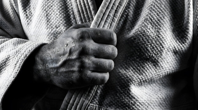 Close-up of hand clenched in Gi, monochrome, judo or Brazilian jiu-jitsu