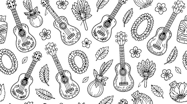 Detailed black and white guitar and floral pattern design.