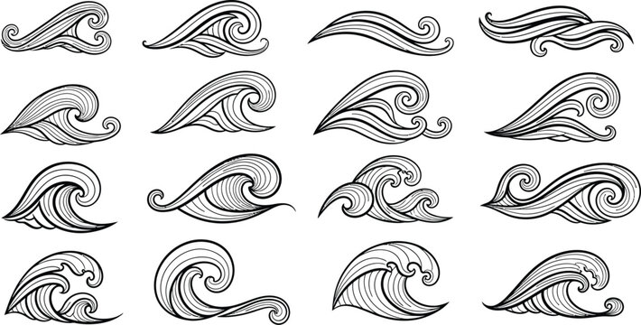 Collection of sixteen black and white wave illustrations in various swirling curling designs for nautical themes