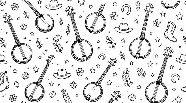 Vintage Banjo and Western Hat Pattern Design.