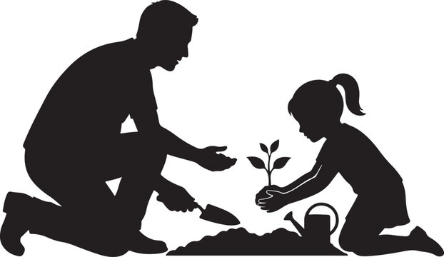 Silhouette of Father and Daughter Planting a Tree Together