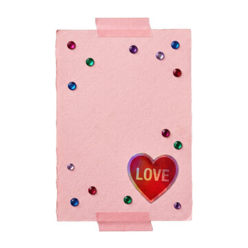 Pink paper note with a red love heart sticker and colorful sequins isolated on transparent background