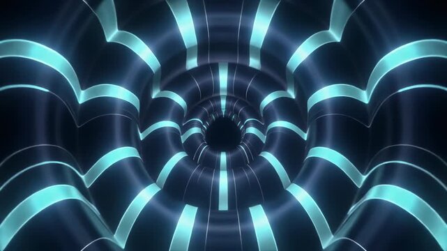 Futuristic neon-lit tunnel with glowing blue stripes, abstract background, seamless pattern, copy space, dark and moody atmosphere, high-tech aesthetic, radial design