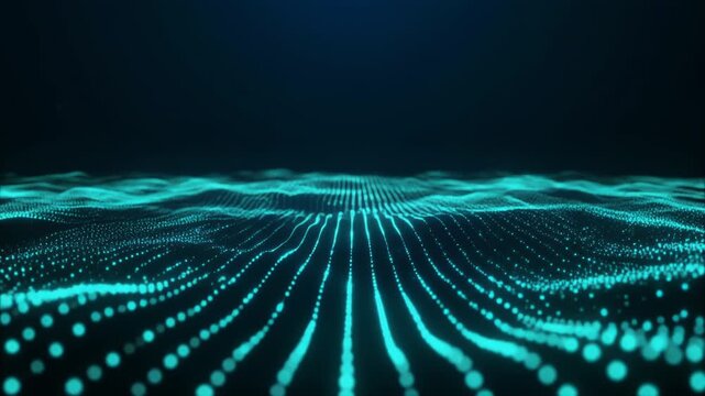 Futuristic digital wave pattern with glowing blue lines and dots on dark background, abstract technology concept, neon cyberpunk design, high-tech visualization, glowing circuit board